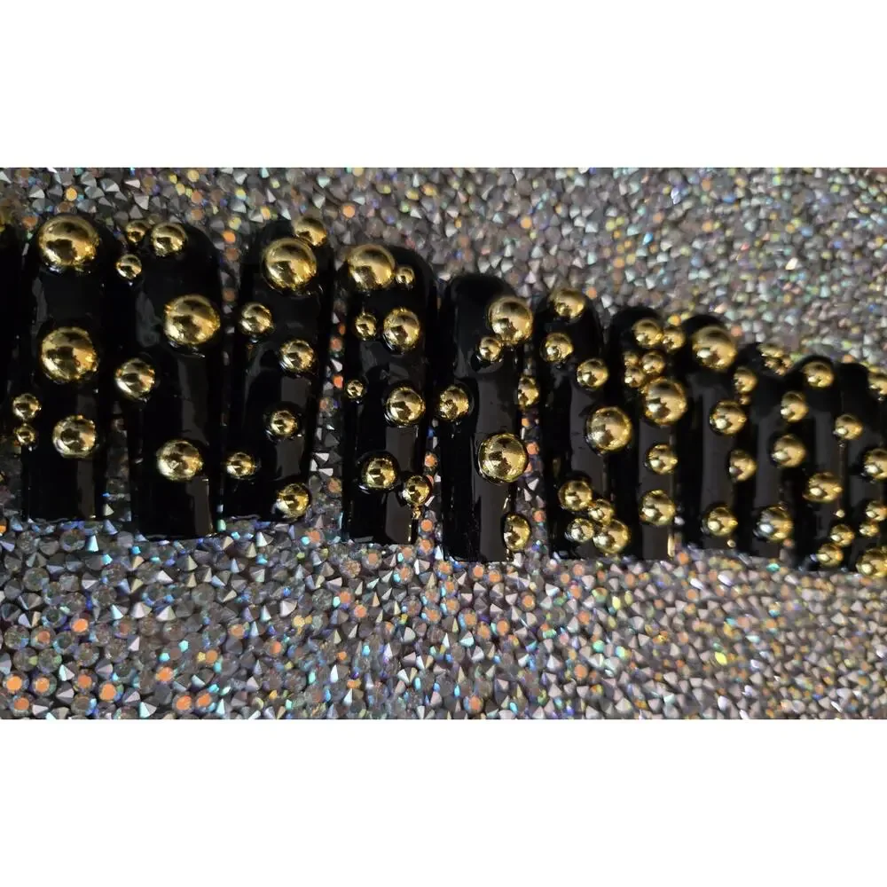 New Hand Made Xl Press On Nails Square Gold Studs 24 Count